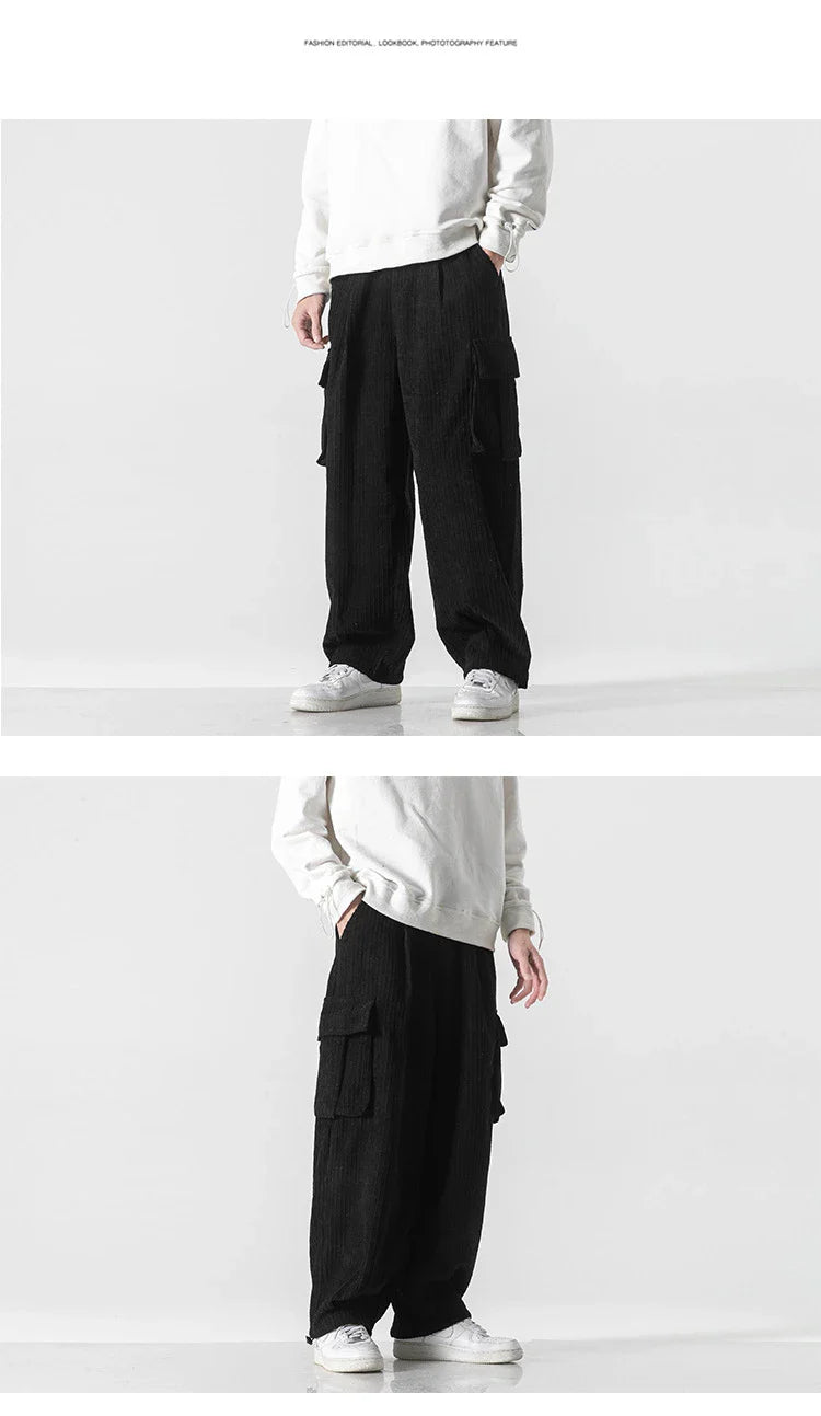 Stylish men's corduroy casual trousers with a relaxed wide-leg silhouette and a variety of classic colour options