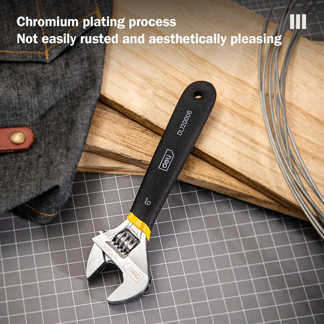 Adjustable stainless steel spanner with PVC handle, featuring a laser-etched scale for precise measurements and a smooth-operating screw nut for easy adjustments.