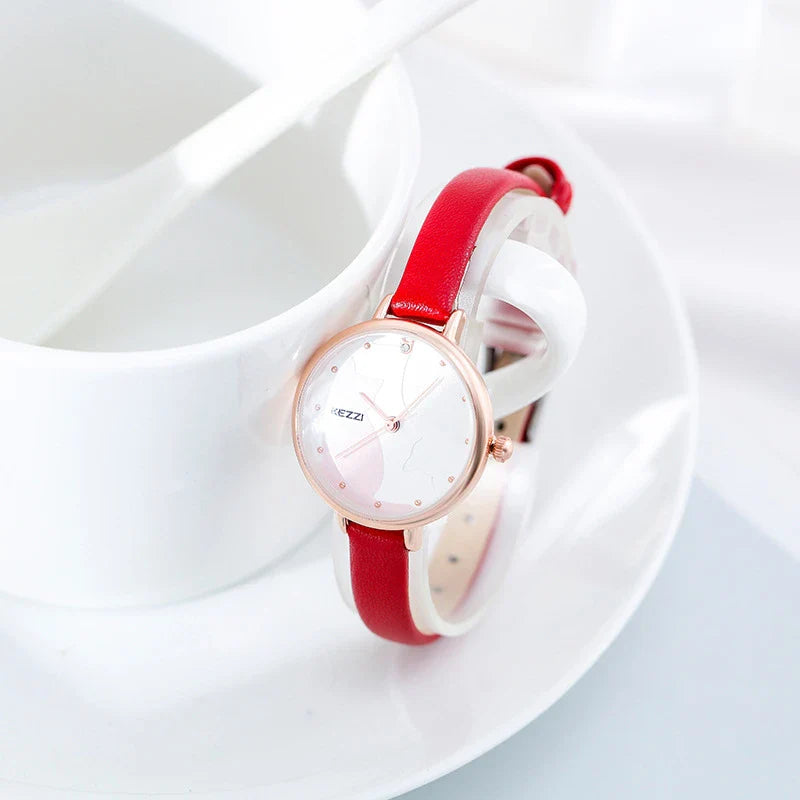 Harajuku-inspired women's watch with minimalist black and white design, Japanese quartz movement, and adjustable PU leather strap