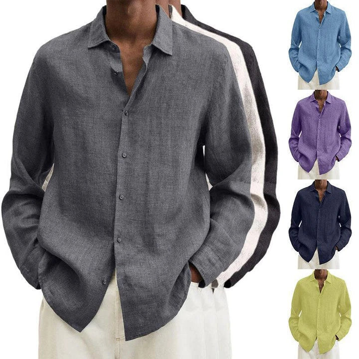 Stylish men's oversized button-up cardigan shirt in a classic solid colour, featuring a relaxed fit and sophisticated lapel collar design.