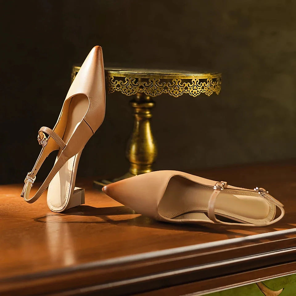 Elegant women's high heel sandals made from genuine leather with a stylish square heel and buckle strap closure