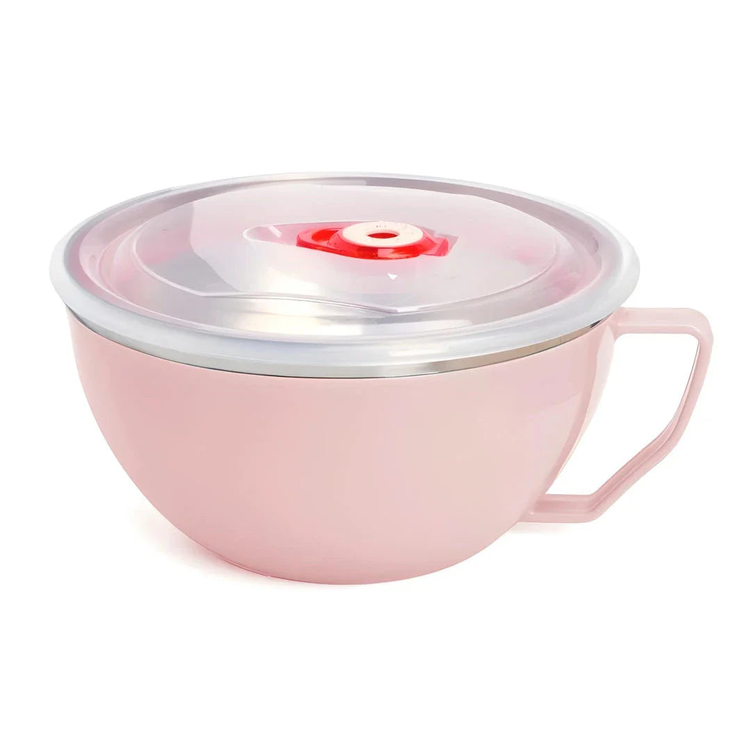 Stylish stainless steel mixing bowl in various colours with an ergonomic handle for safe and convenient use in the kitchen