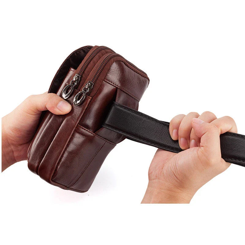 Premium cowhide leather men's mobile phone pouch in vertical design with multiple interior compartments