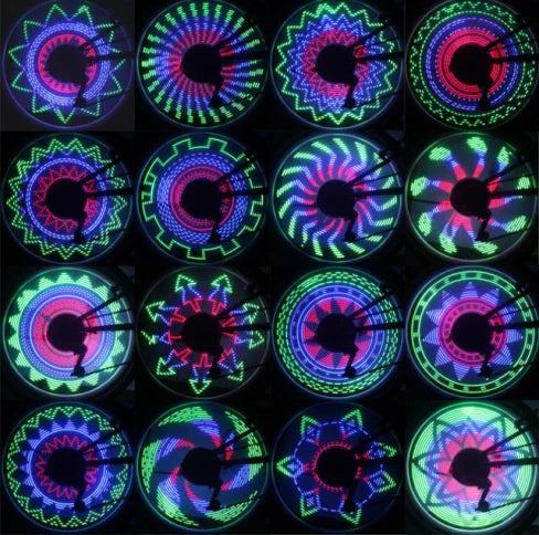 Bicycle Wheel Flashing Light with 32 LED lights in red, blue, and green colours that create a mesmerizing light show
