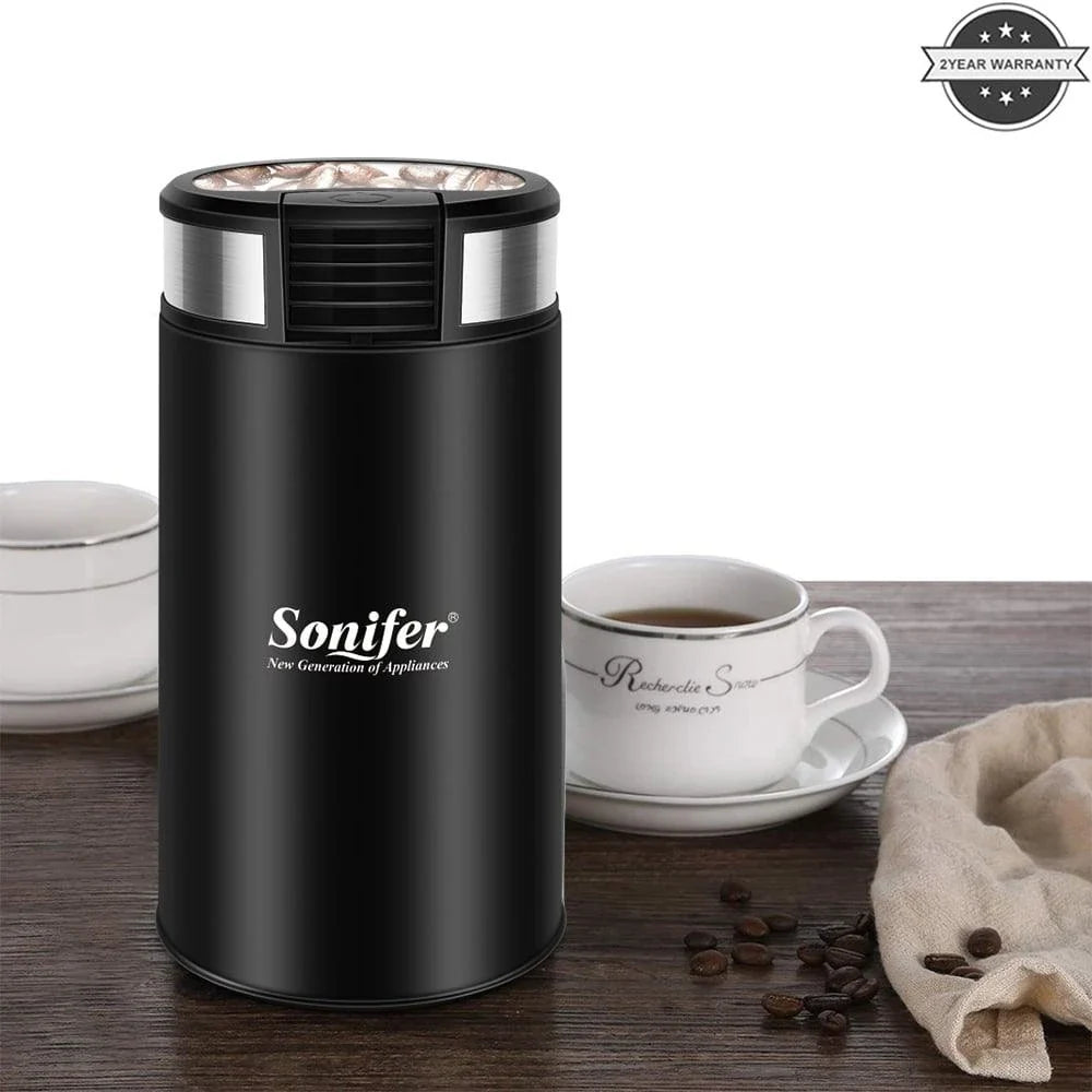 Compact electric stainless steel coffee grinder with sleek design and powerful 200-watt motor for consistent grinding