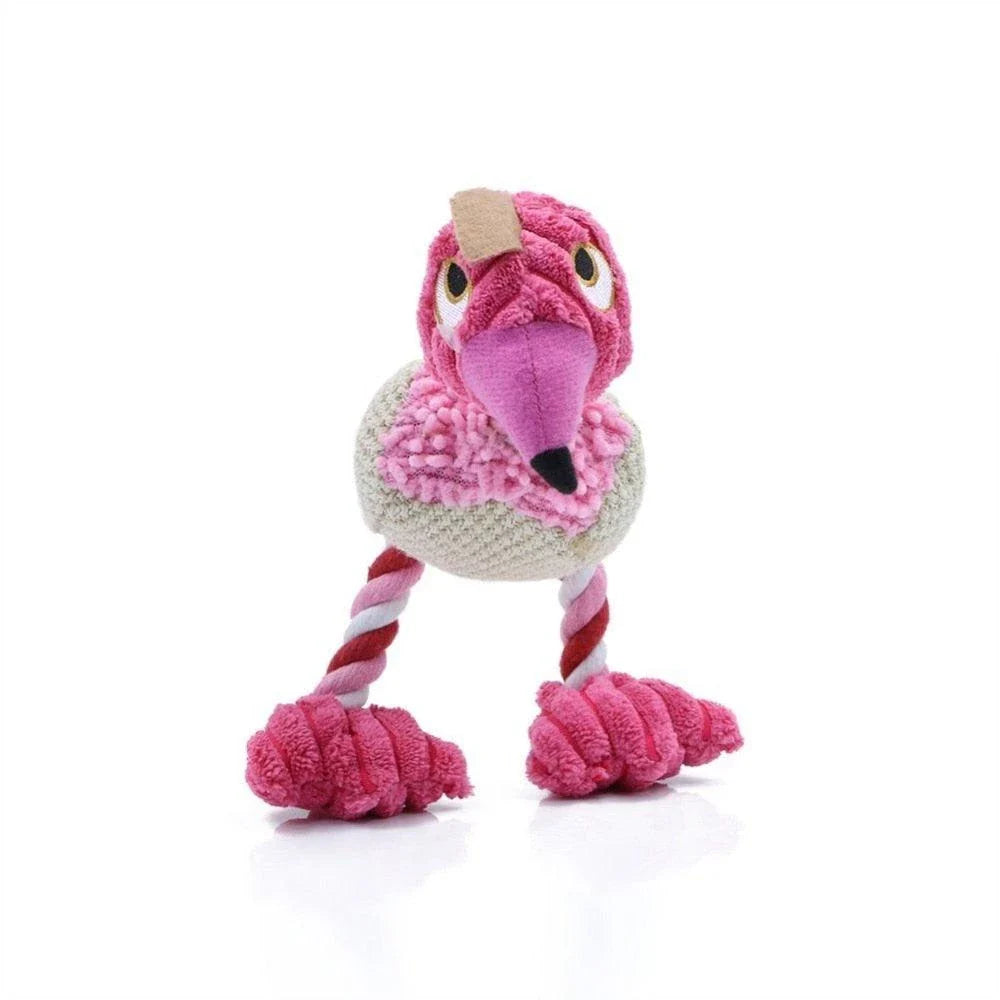 A plush, bird-shaped dog toy in a pink colour. It is designed to encourage chewing and snuggling behaviour in dogs.