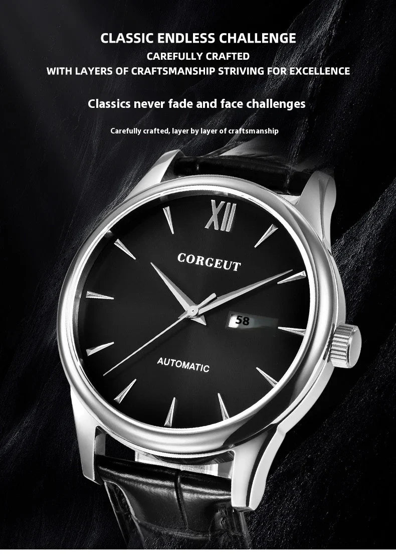 A sophisticated automatic mechanical watch with a gold/white or gold/black face, stainless steel case, and genuine leather strap