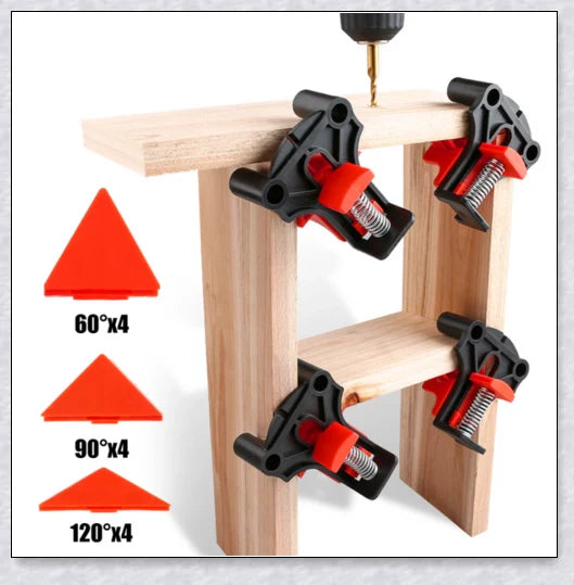 High-quality woodworking corner clamp set with 60°, 90°, and 120° angle heads for precise alignment and secure clamping