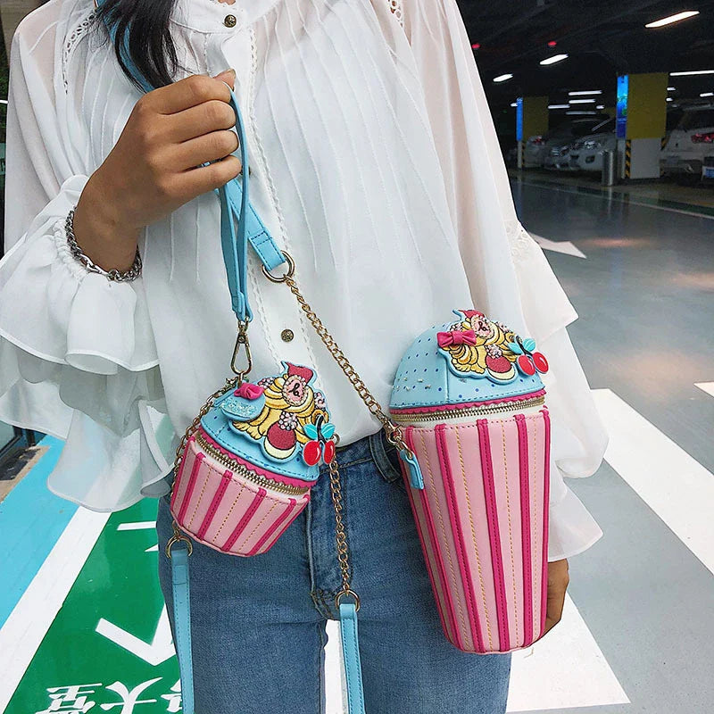 A stylish, ice cream-themed messenger bag with a vibrant print, durable PU leather construction, and a versatile bucket-style design.