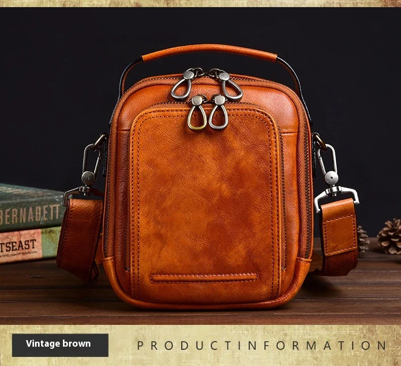 Premium retro leather messenger bag with spacious main compartment, side pockets, and robust handle for comfortable carrying