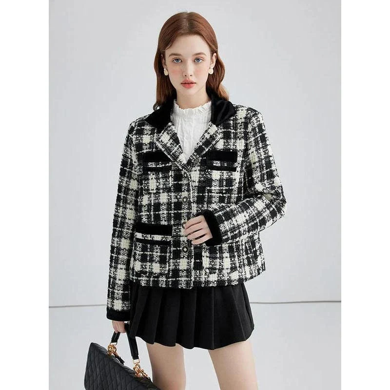 Stylish plaid contrast woollen women's short jacket in United Kingdom fashion