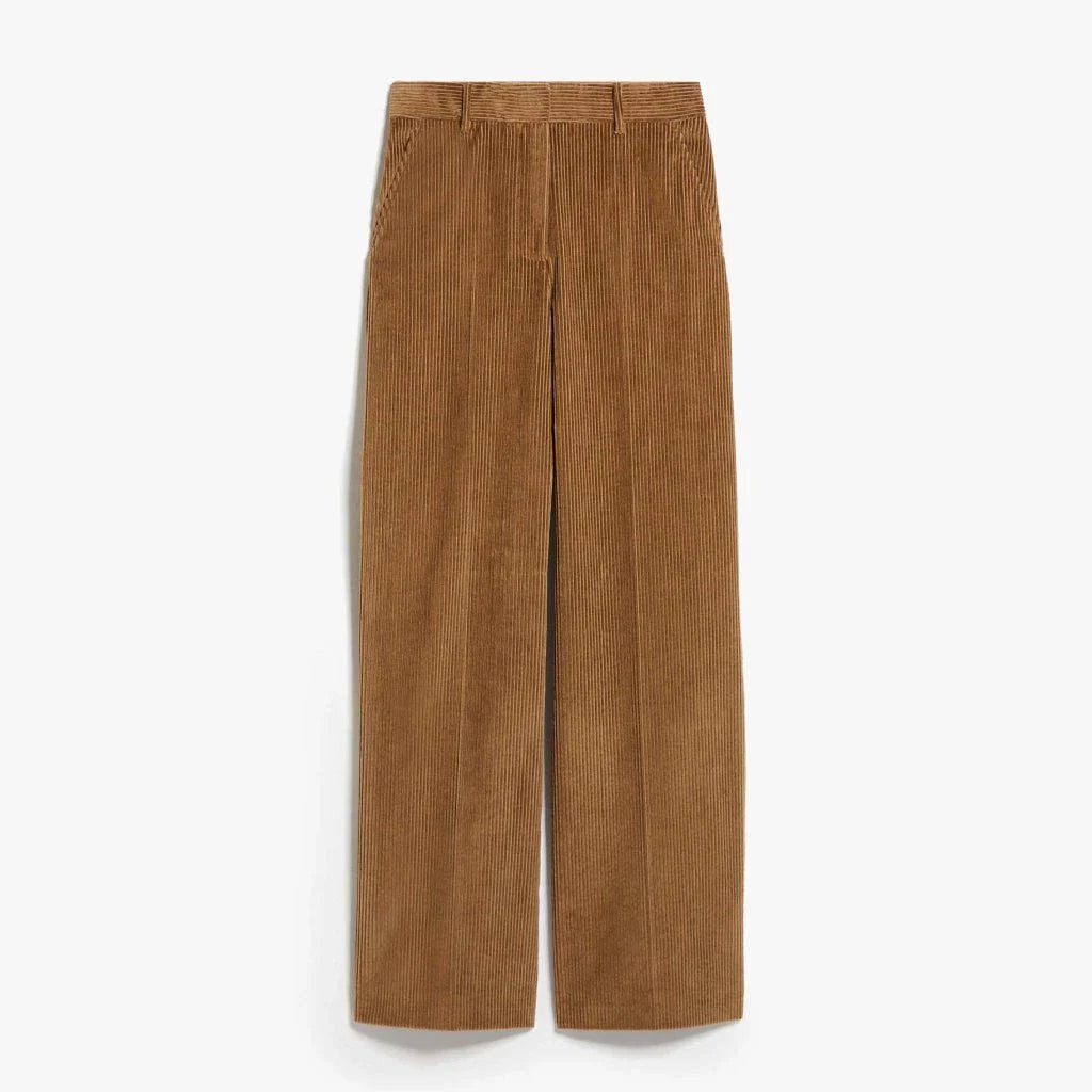 A pair of high-waist, wide-leg corduroy trousers in a classic red colour, designed for the modern British woman's wardrobe.