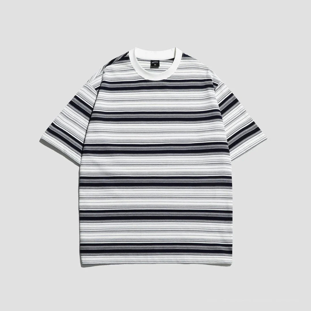 Retro contrast color striped teen t-shirt in navy blue, perfect for casual summer looks