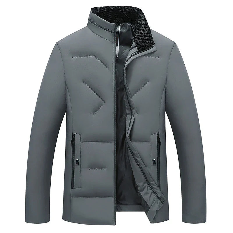 Premium cotton-padded jacket with stand collar and zip closure, available in gray, black, and navy blue