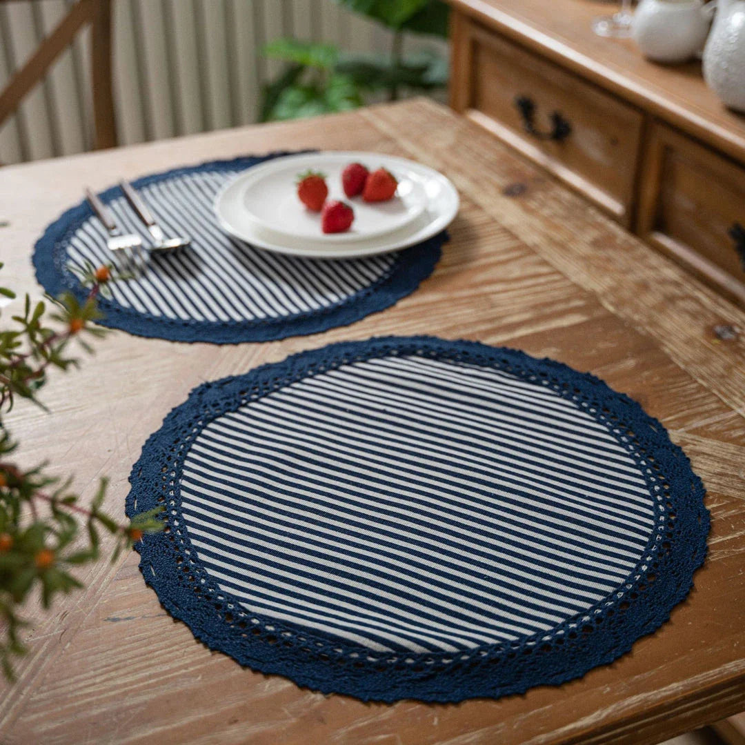 Elegant geometric lace placemats in red and blue stripes, designed to protect and decorate your dining table