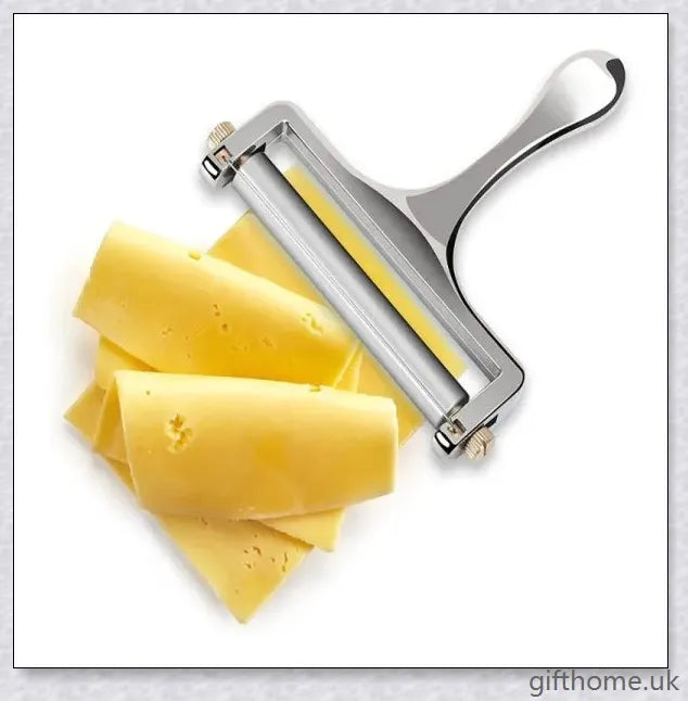 Adjustable cheese slicer with an ergonomic handle and a wire cutting mechanism for precisely slicing hard and soft cheeses to your desired thickness