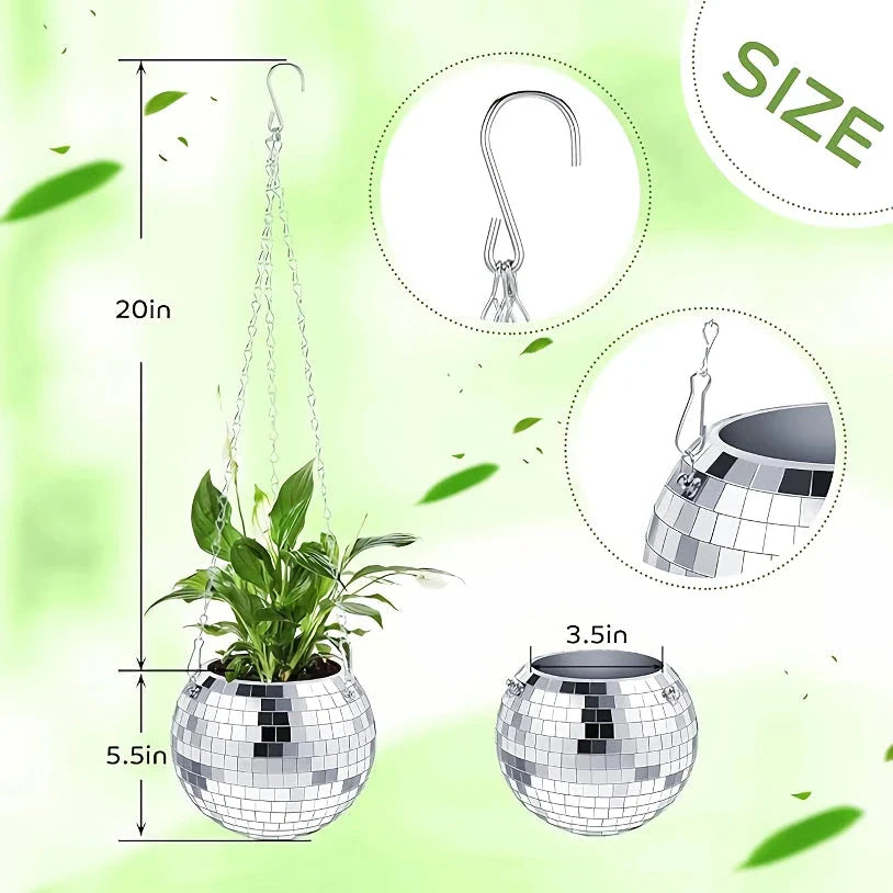 A sparkling silver disco ball hanging planter with reflective glass mirrors, adding a modern and stylish touch to any indoor or outdoor space.
