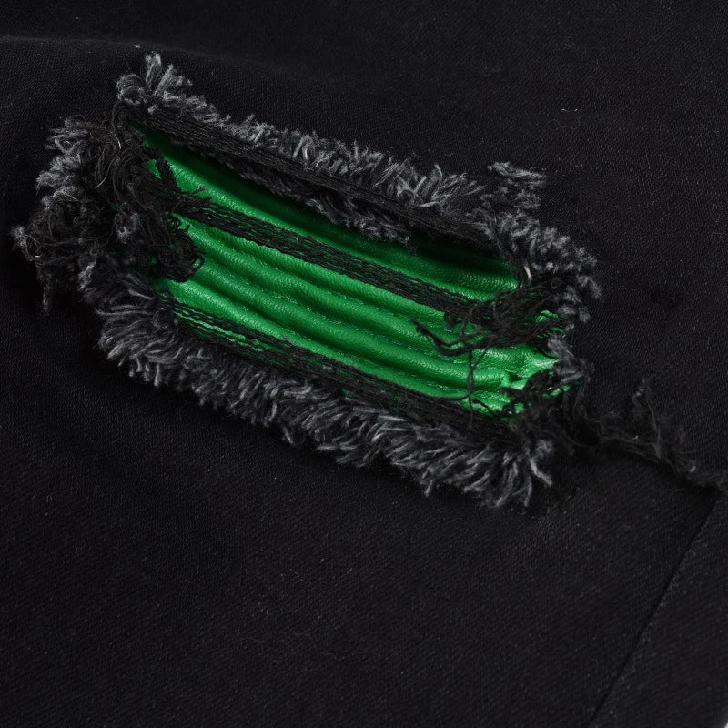 Premium ripped black jeans with stylish green patchwork design, made with medium-elastic fabric for comfort and a slim, flattering silhouette.