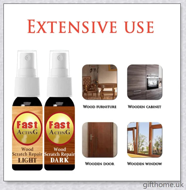 A bottle of premium wood scratch repair spray with a light and dark colour option for blending seamlessly with various wood tones.