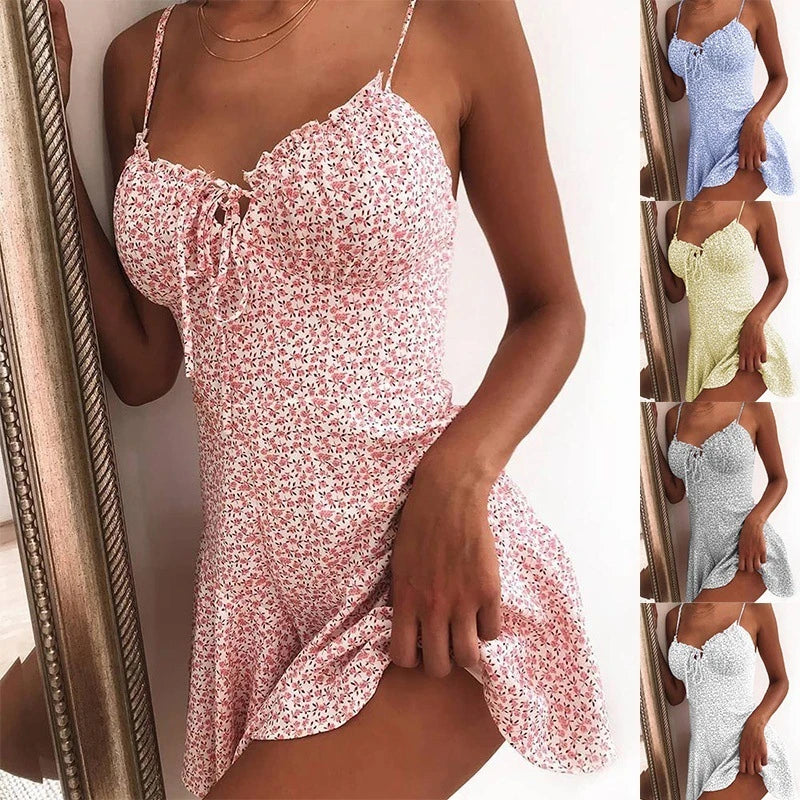 Floral mini dress with vibrant prints, soft polyester fabric, and a flattering silhouette for a stylish look.