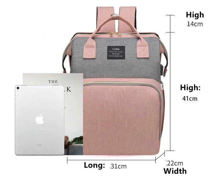 Multifunctional maternity diaper backpack with removable mosquito net, foldable crib, and water-resistant design for convenient family travel