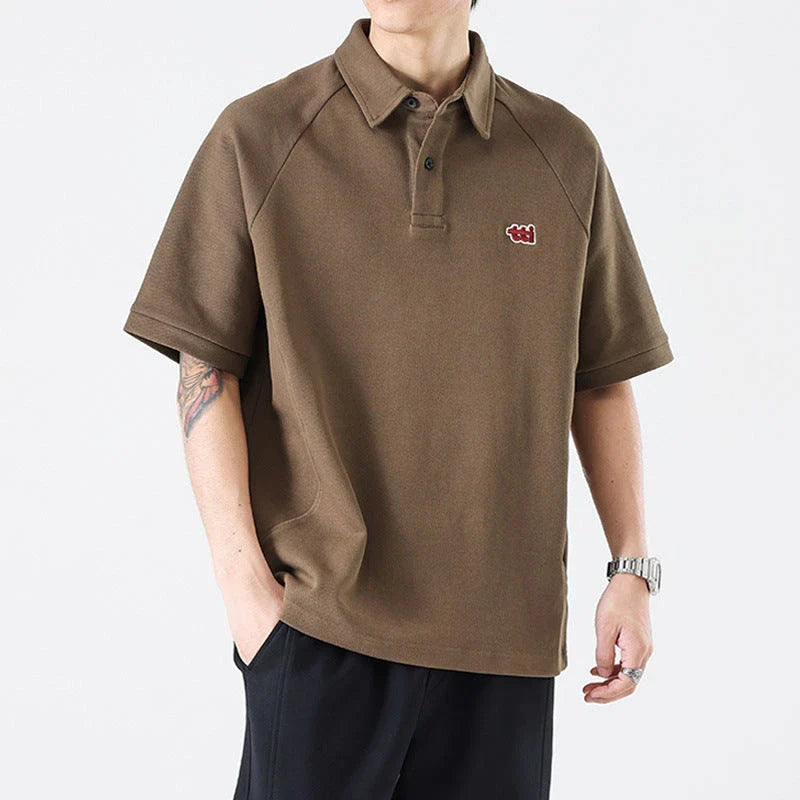 Retro Short Sleeve Men's T-shirt with Embroidered Design in Dark Brown, White, and Grey Colours