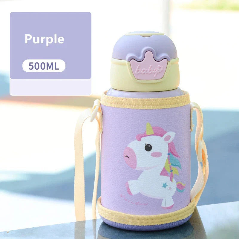 Cute purple unicorn-themed thermos bottle with a large 500ml capacity and stainless steel construction, designed to keep drinks warm or cold for extended periods.