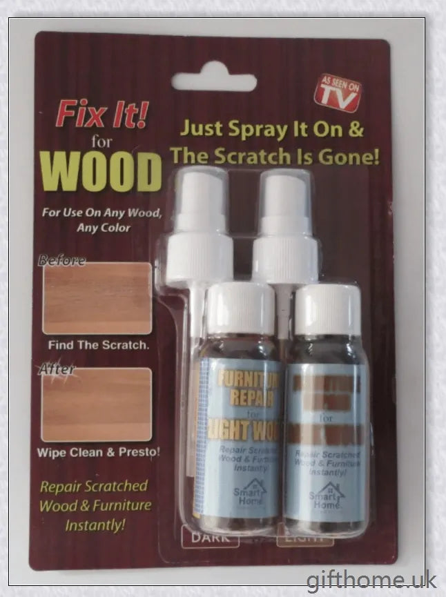 A bottle of premium wood scratch repair spray with a light and dark colour option for blending seamlessly with various wood tones.