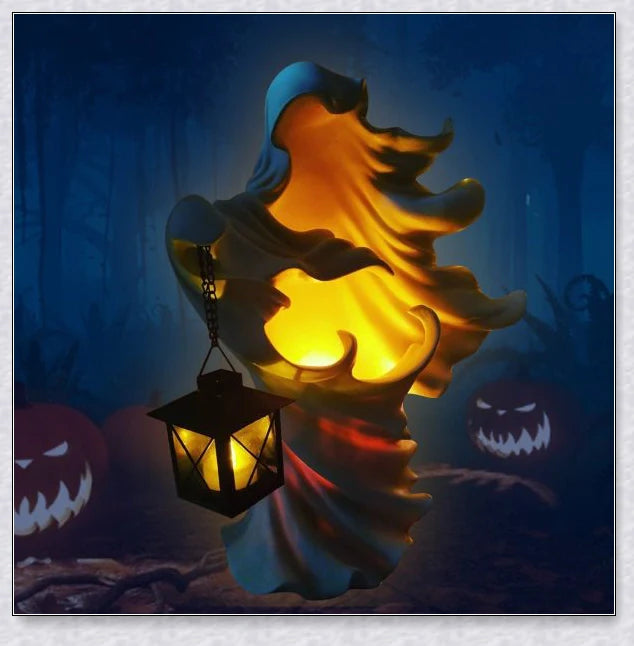 Chillingly elegant Halloween witch/ghost resin statue with eerie illumination, a unique blend of spooky charm and refined artistry for unforgettable seasonal decor