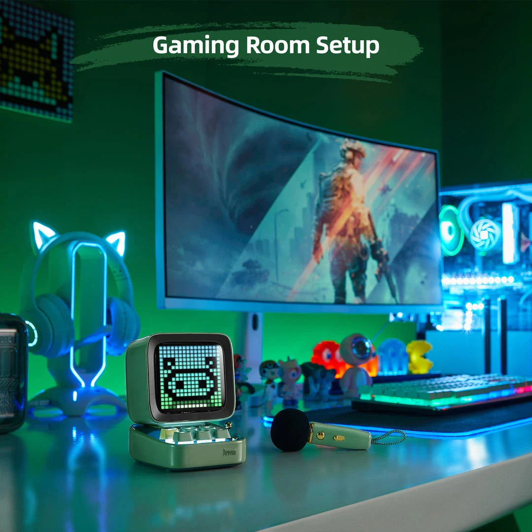 Ditoo-Mic Bluetooth Speaker with pixel art display, karaoke microphone, and retro design