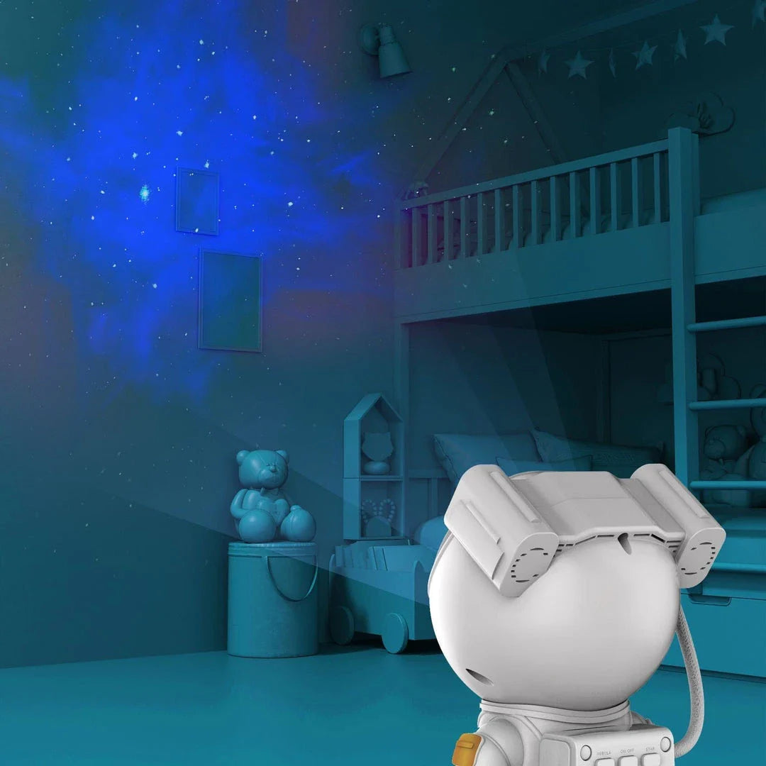 Astronaut-themed star projector lamp with rotating head and customisable features, creating a mesmerising nebula display in any room
