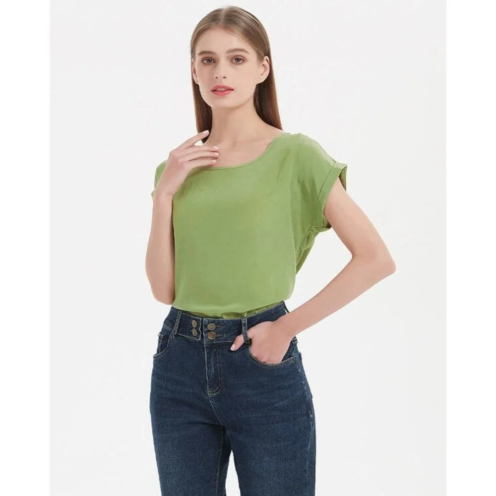 Elegant 100% Mulberry Silk Batwing Sleeve Tee in Black for Effortless Summer Style