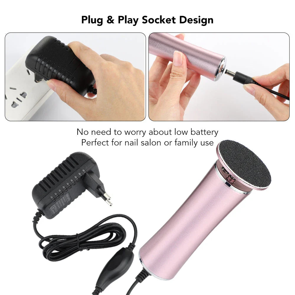 Rechargeable electric foot file pedicure machine with adjustable speed and replaceable sanding papers for efficient callus removal and salon-quality foot care at home