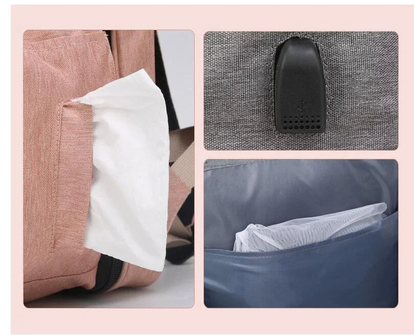 Multifunctional maternity diaper backpack with removable mosquito net, foldable crib, and water-resistant design for convenient family travel