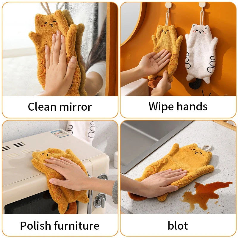 Soft, absorbent coral velvet cat-shaped hand towel with convenient hanging lanyard