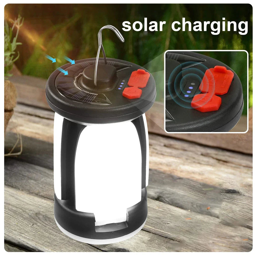 A 1000 lumen rechargeable solar LED camping lantern with a foldable design and versatile lighting modes