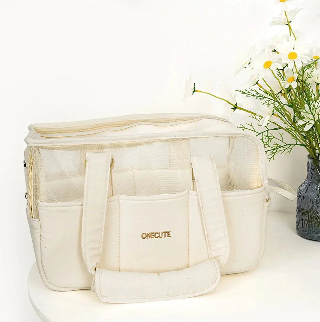 Beige Pet Travel Backpack for Small Dogs with Breathable Cotton Design
