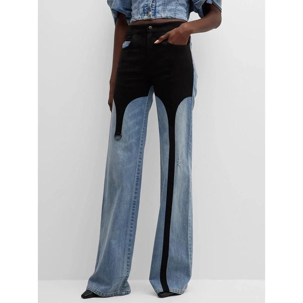 Women's stylish high-waist wide-leg jeans with contrast stitching in black and blue
