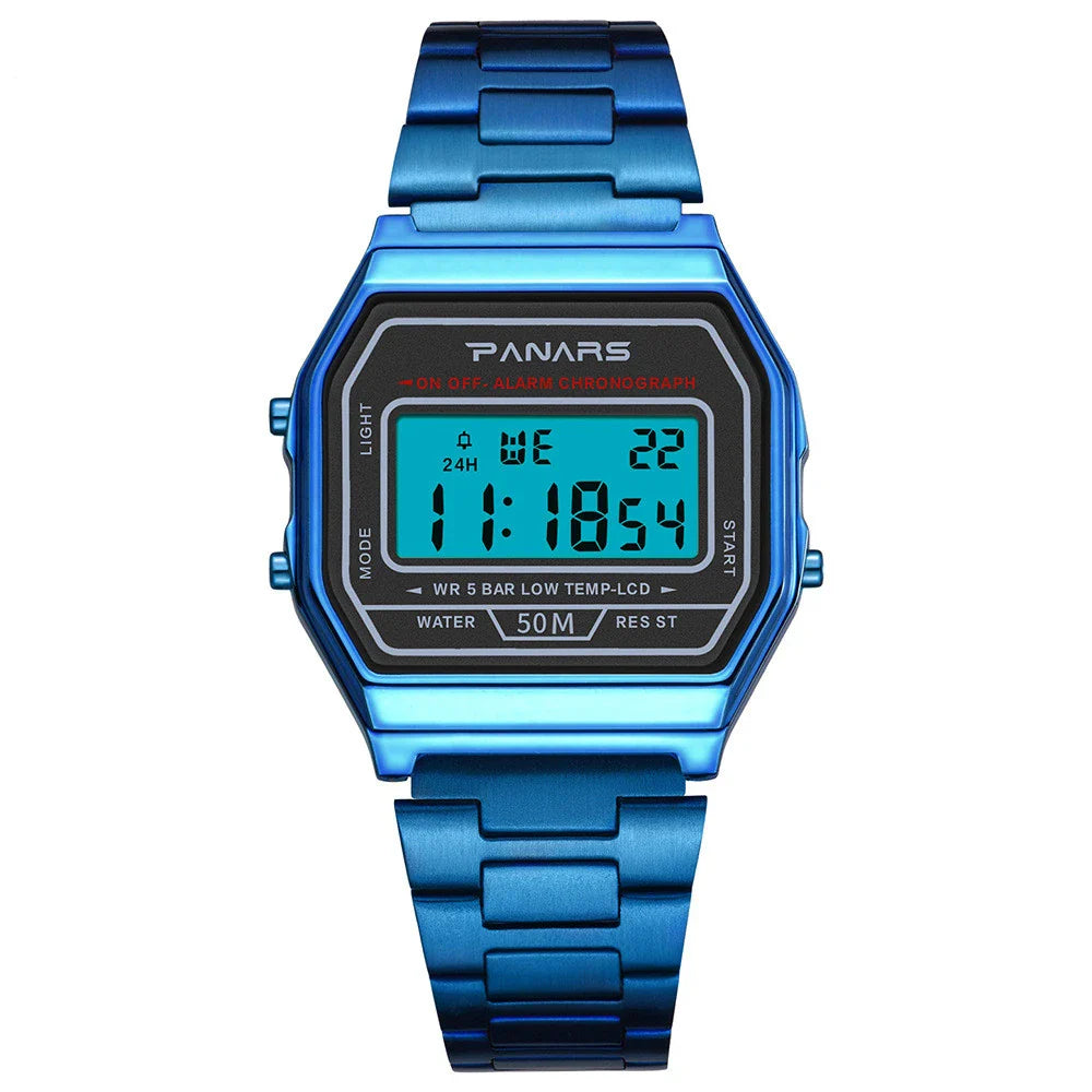 A stylish and retro-inspired gold watch with a sleek and compact design, featuring a luminous display and water resistance for everyday wear.