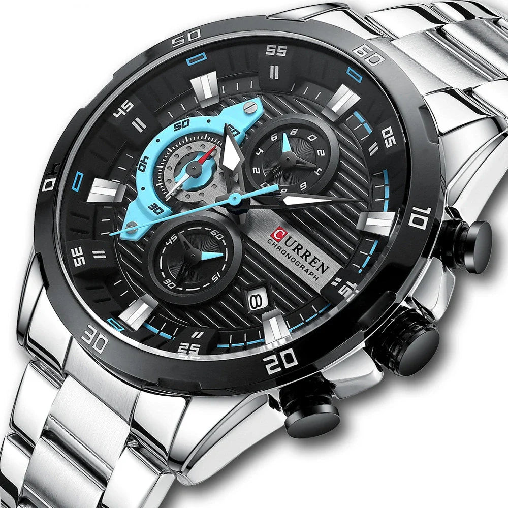 Premium stainless steel quartz watch with multi-hand design, durable construction, and sleek appearance