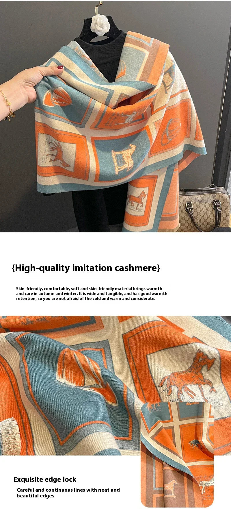 Luxurious artificial cashmere scarf in vibrant colours, perfect for keeping warm or cool with its dual-use design.