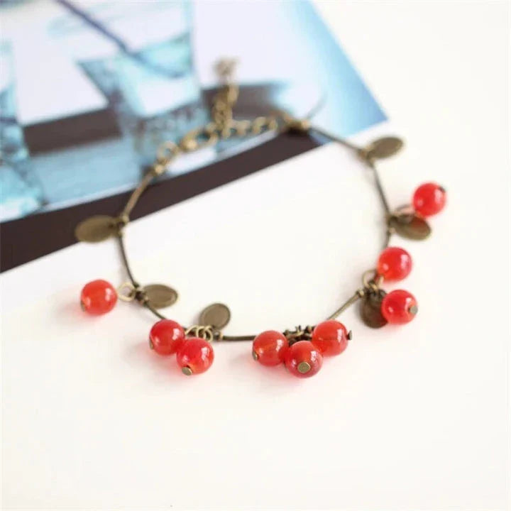 Boho Vintage Cherry Coin Bangle for Girls - Handcrafted with Acrylic and Zinc Alloy for Durable, Long-lasting Wear