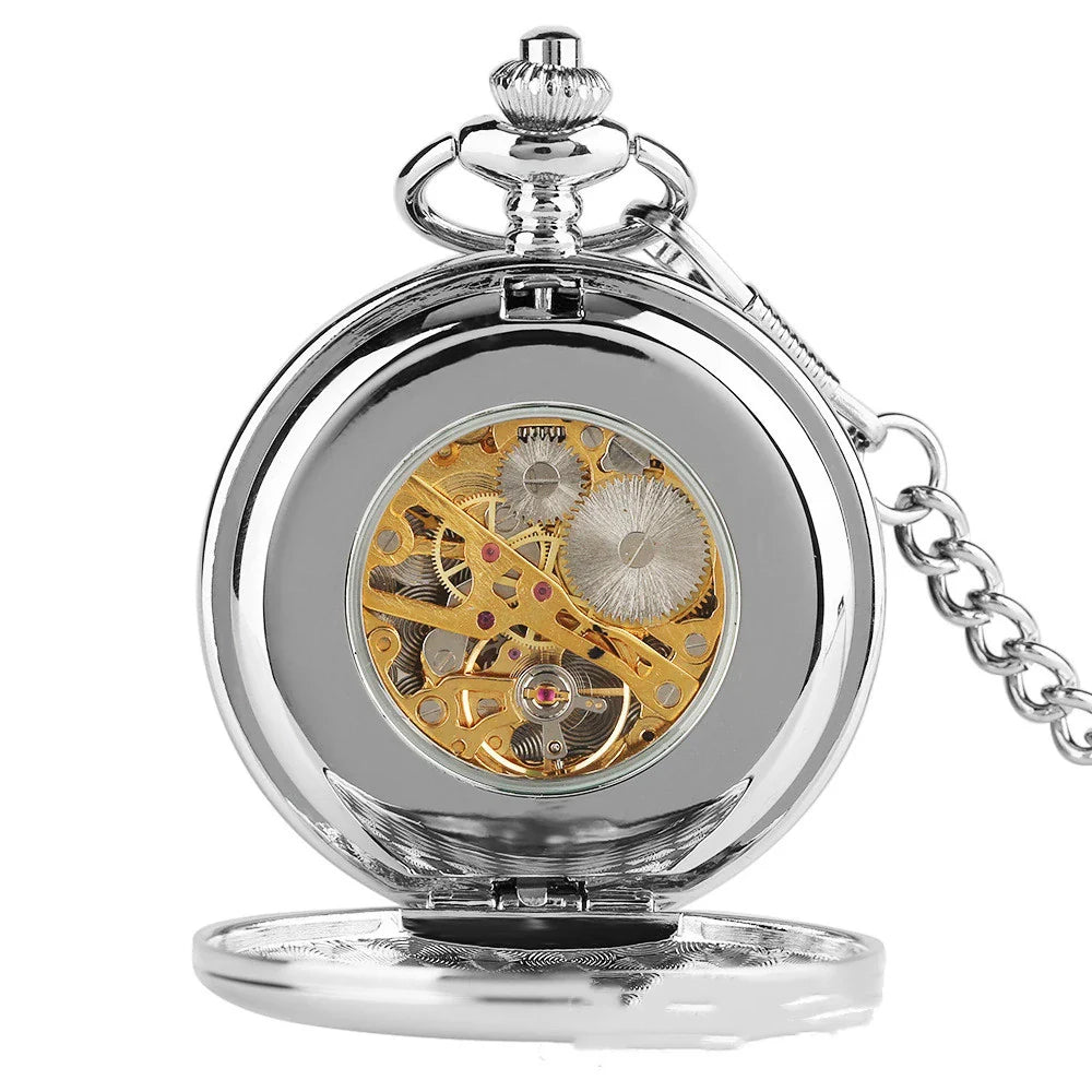 Classic minimalist vintage two-sided mechanical pocket watch in silver tone