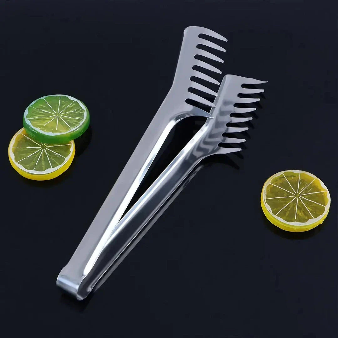 24cm premium stainless steel tongs with thickened wide edge, insertable and releasable design, and independent comb clip for effortless handling of noodles, spaghetti, and irregularly shaped foods