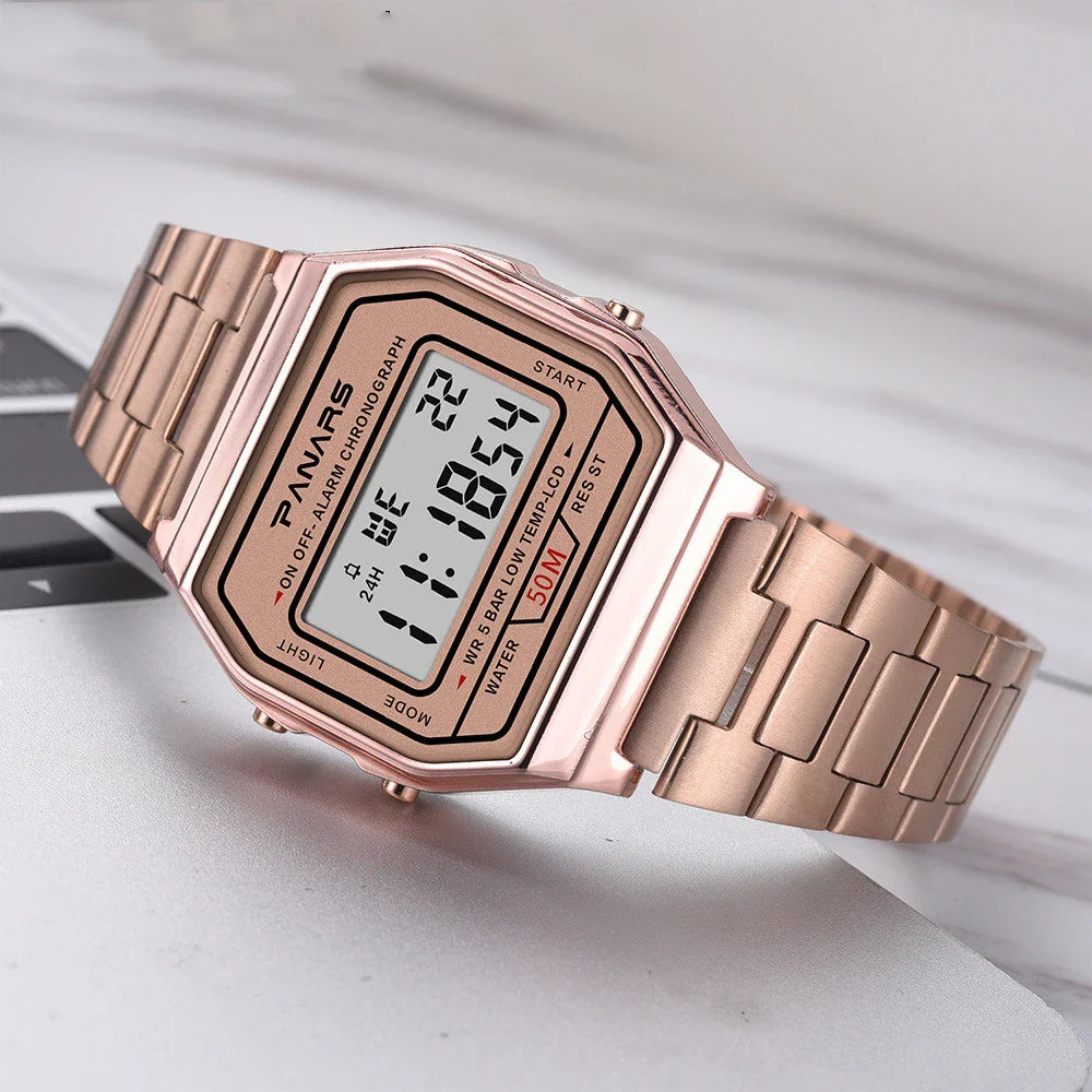 A stylish and retro-inspired gold watch with a sleek and compact design, featuring a luminous display and water resistance for everyday wear.