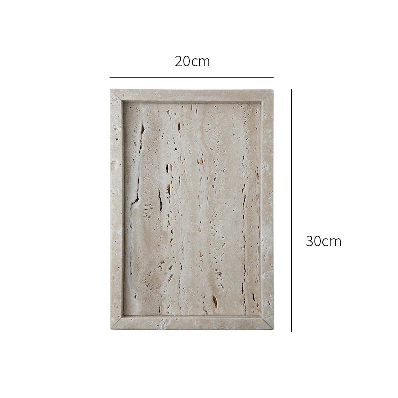 Handcrafted beige travertine marble tray with polished finish, versatile for use in vanity, kitchen, and around the home