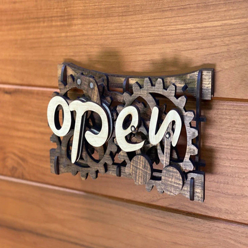 Wooden open-closed sign with gear mechanism, perfect for home entryways and businesses