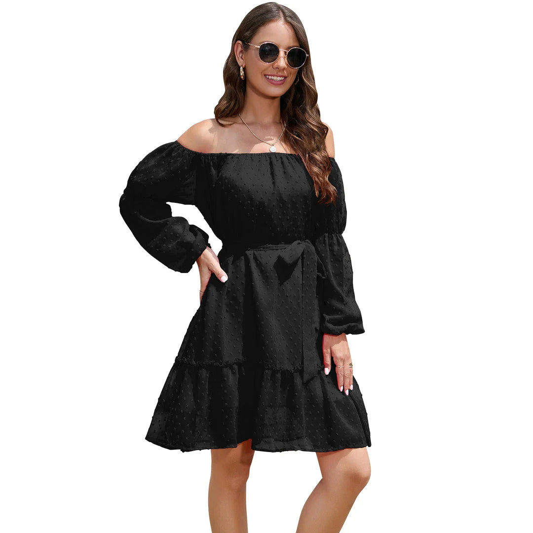 Stylish one-shoulder chiffon dress with ruffled bubble dot design, available in various sizes and blue colour