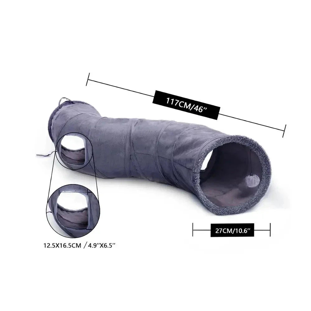 Grey foldable cat play tunnel with crinkle sounds, peek-a-boo holes, and a hanging ball toy for interactive playtime