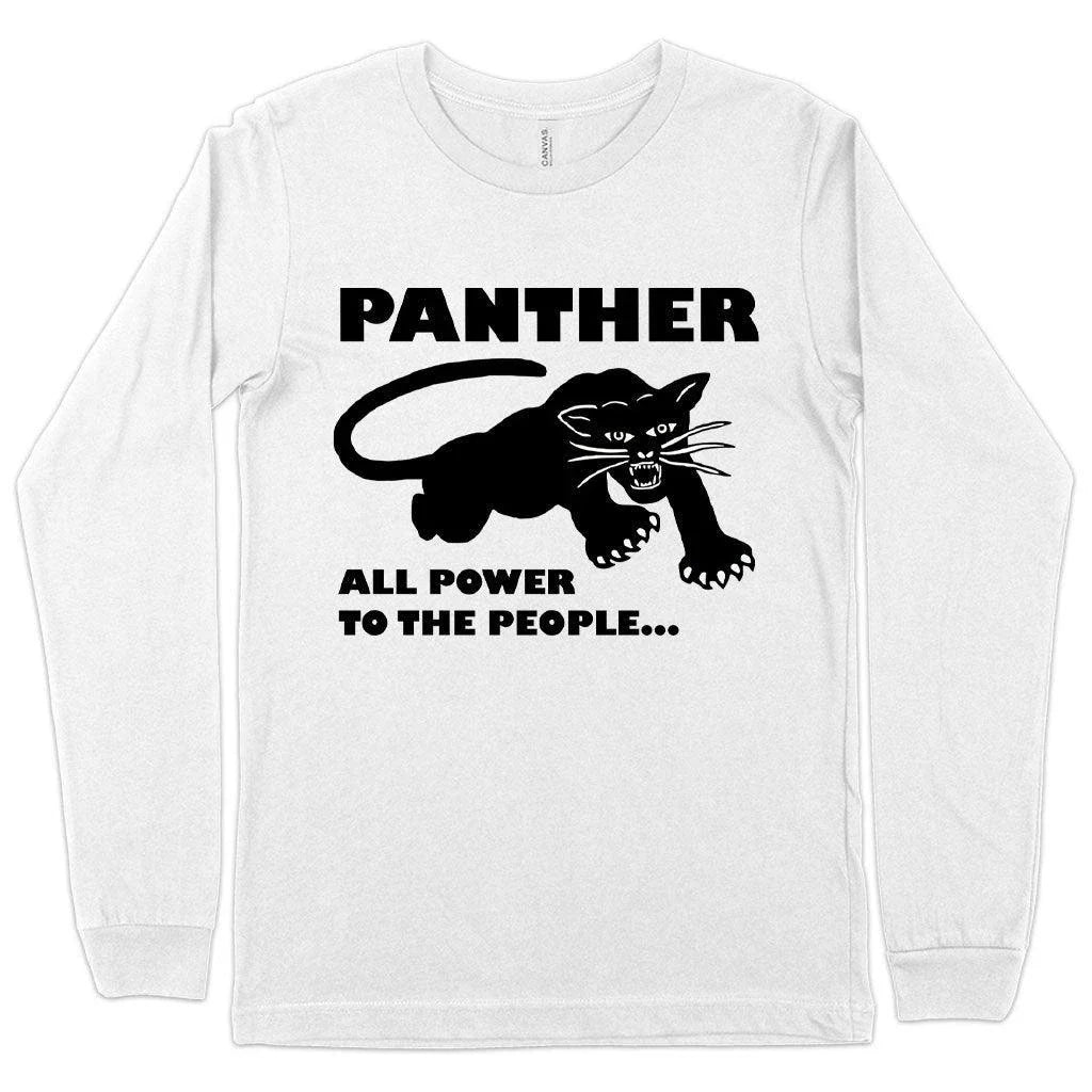 Iconic Black Panther long sleeve t-shirt in white, featuring a bold graphic design and premium, ethically-sourced cotton construction.